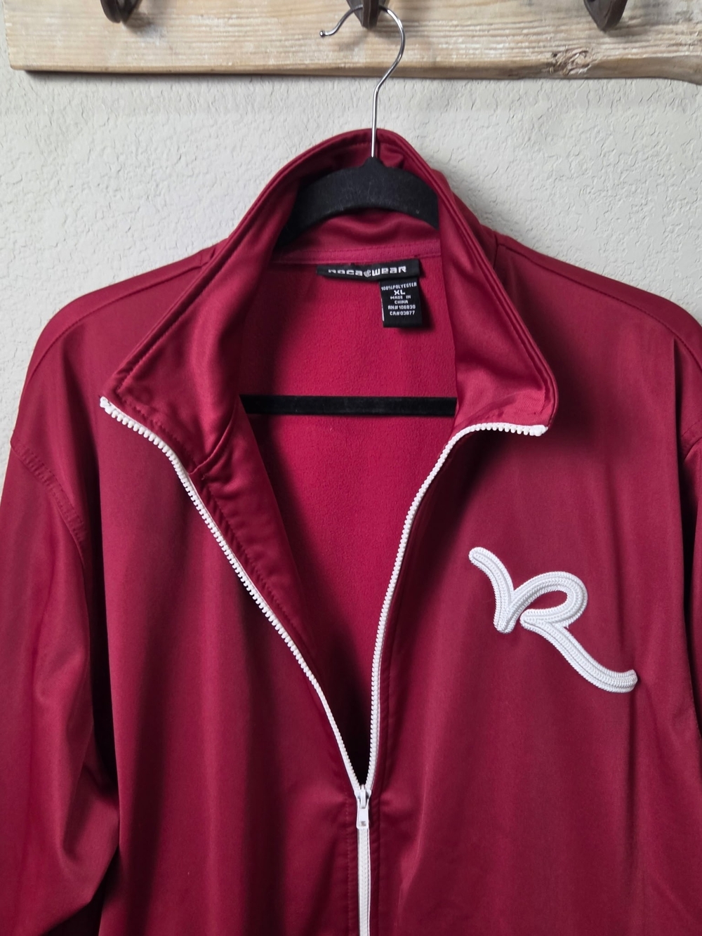 Vintage Men's Rocawear Maroon Zip-Front Varsity Jacket with White Trim Xl